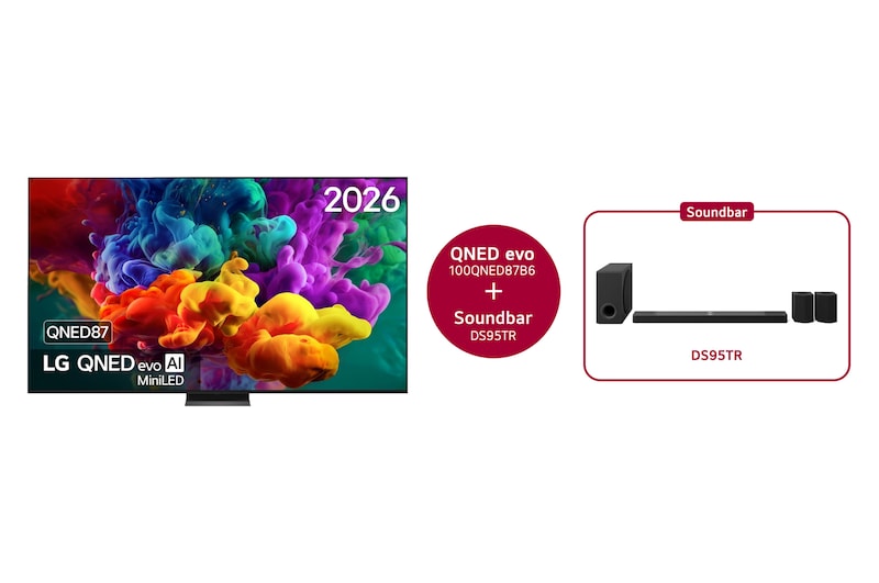 Vooraanzicht van 100 inch LG QNED evo AI QNED87 Mini LED 4K Smart TV 2026 & DS95TR 9.1.5-kanaals 100QNED87B6.DS95TR